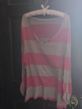 Old Navy Pink and Gray Striped Long Sleeve V-Neck Top